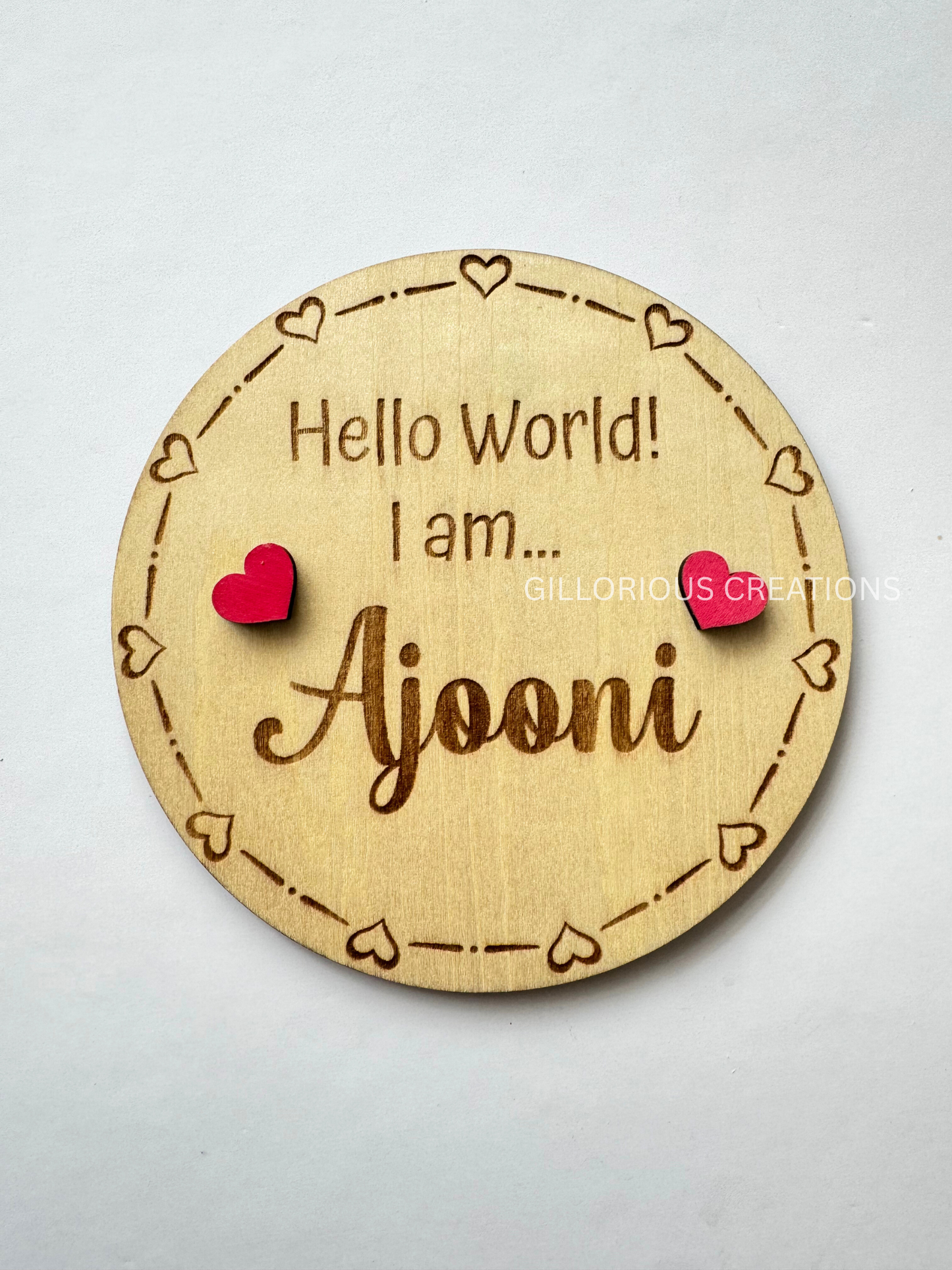 Baby Birth Announcement Disc with Custom Newborn Name - Heart themed