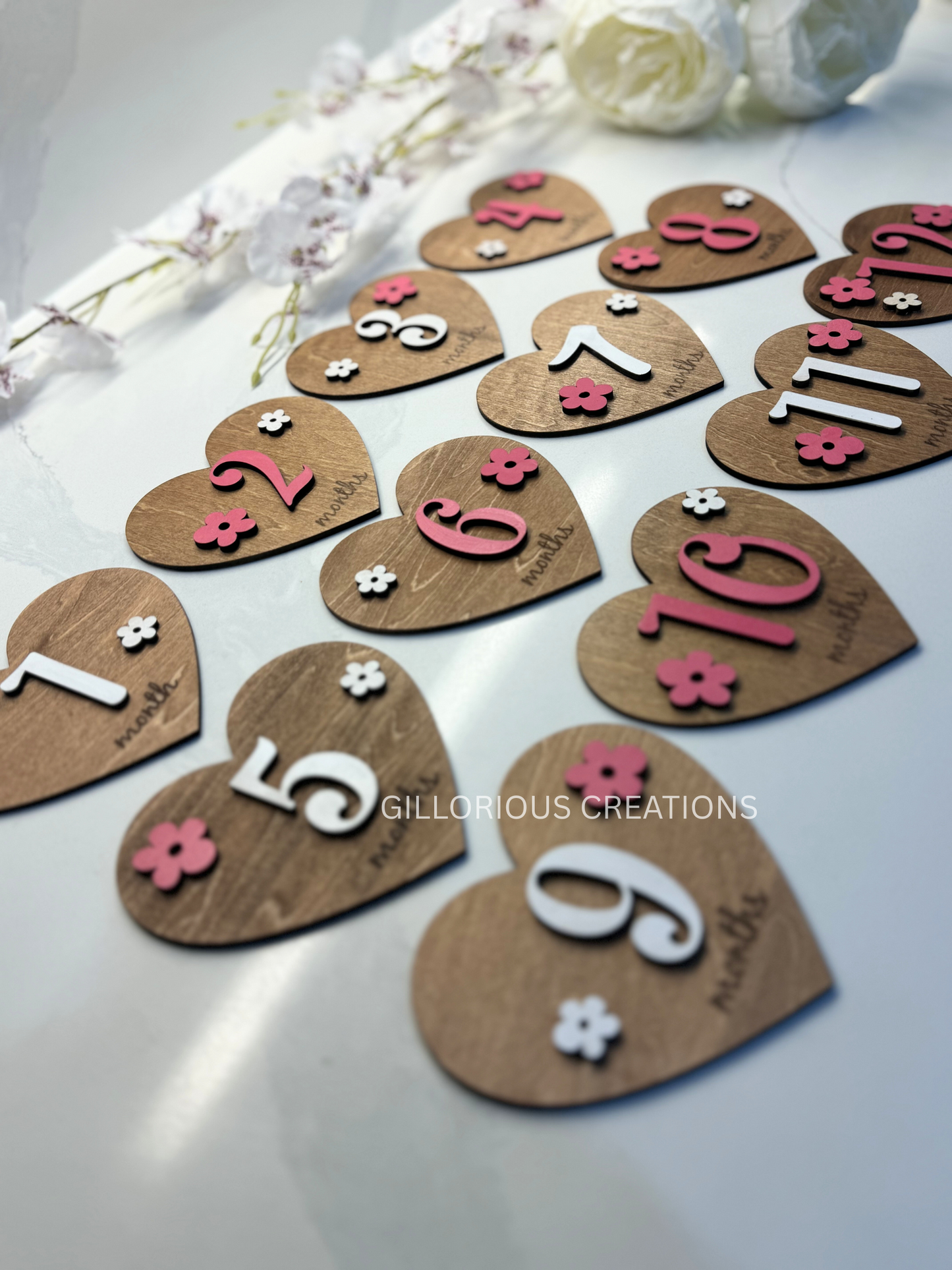 Baby Heart-Shaped Wooden Milestone Discs - Interchangeable with Pink and White Flowers