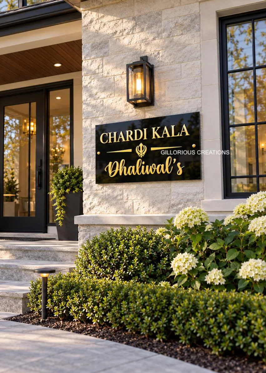 Chardi Kala custom Dhaliwal's family name house sign with mirror gold Khanda and lettering on glossy black acrylic outside a modern home