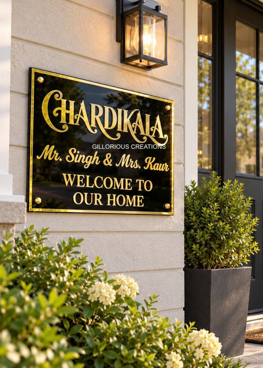 CHARDIKALA modern personalized Sikh acrylic house sign with raised mirror gold letters on glossy black backer, matching gold border and four standoff screws beside a front door