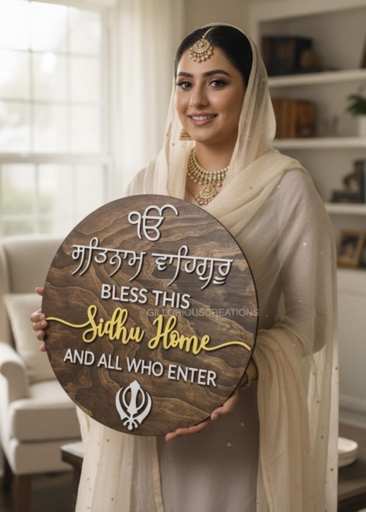 Personalized Satnam Waheguru Bless This Home Sikh wooden wall sign with custom family name