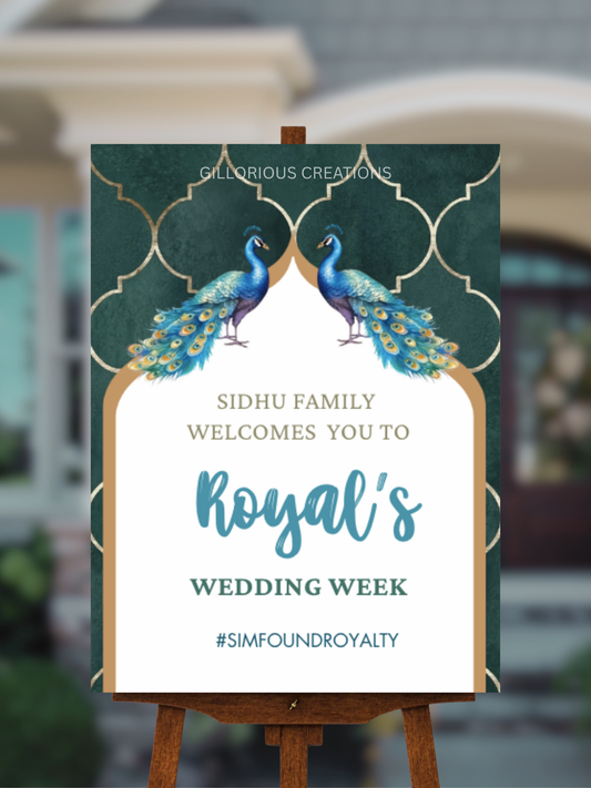 Indian Wedding Welcome Sign - Royal Peacock Themed