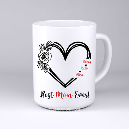 Personalized Heart Best "Mom" Ever or Best "Grandma" Ever Mug with Kids’ Names