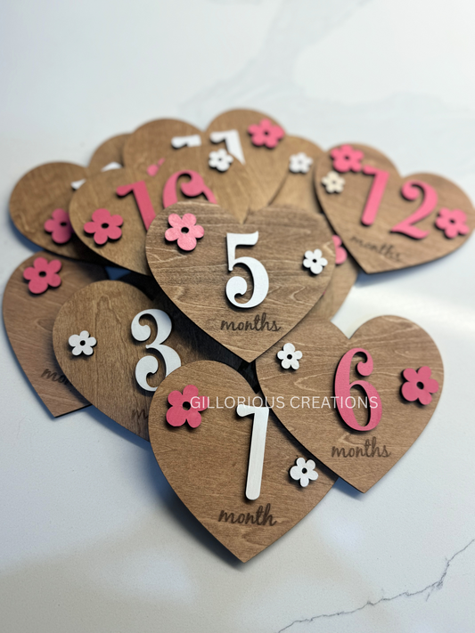 Baby Heart-Shaped Wooden Milestone Discs - Interchangeable with Pink and White Flowers