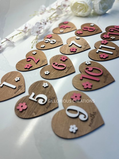 Baby Heart-Shaped Wooden Milestone Discs - Interchangeable with Pink and White Flowers