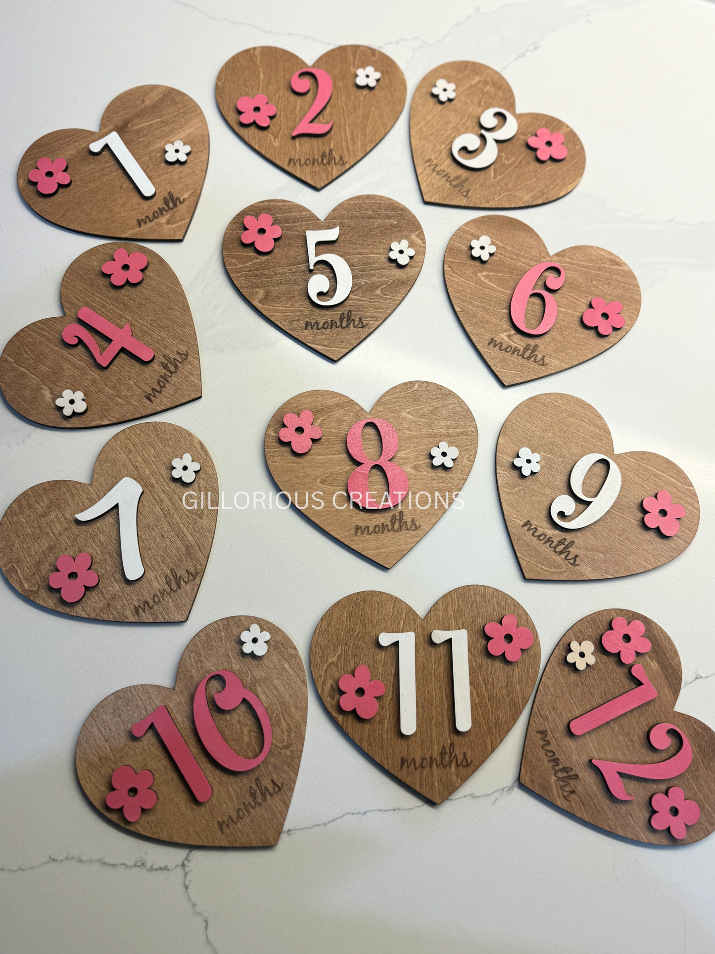 Baby Heart-Shaped Wooden Milestone Discs - Interchangeable with Pink and White Flowers