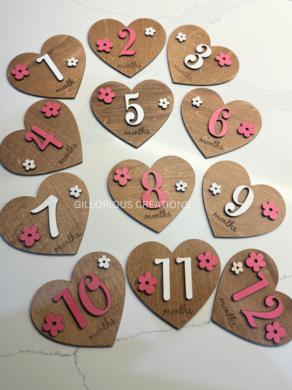 Baby Heart-Shaped Wooden Milestone Discs - Interchangeable with Pink and White Flowers