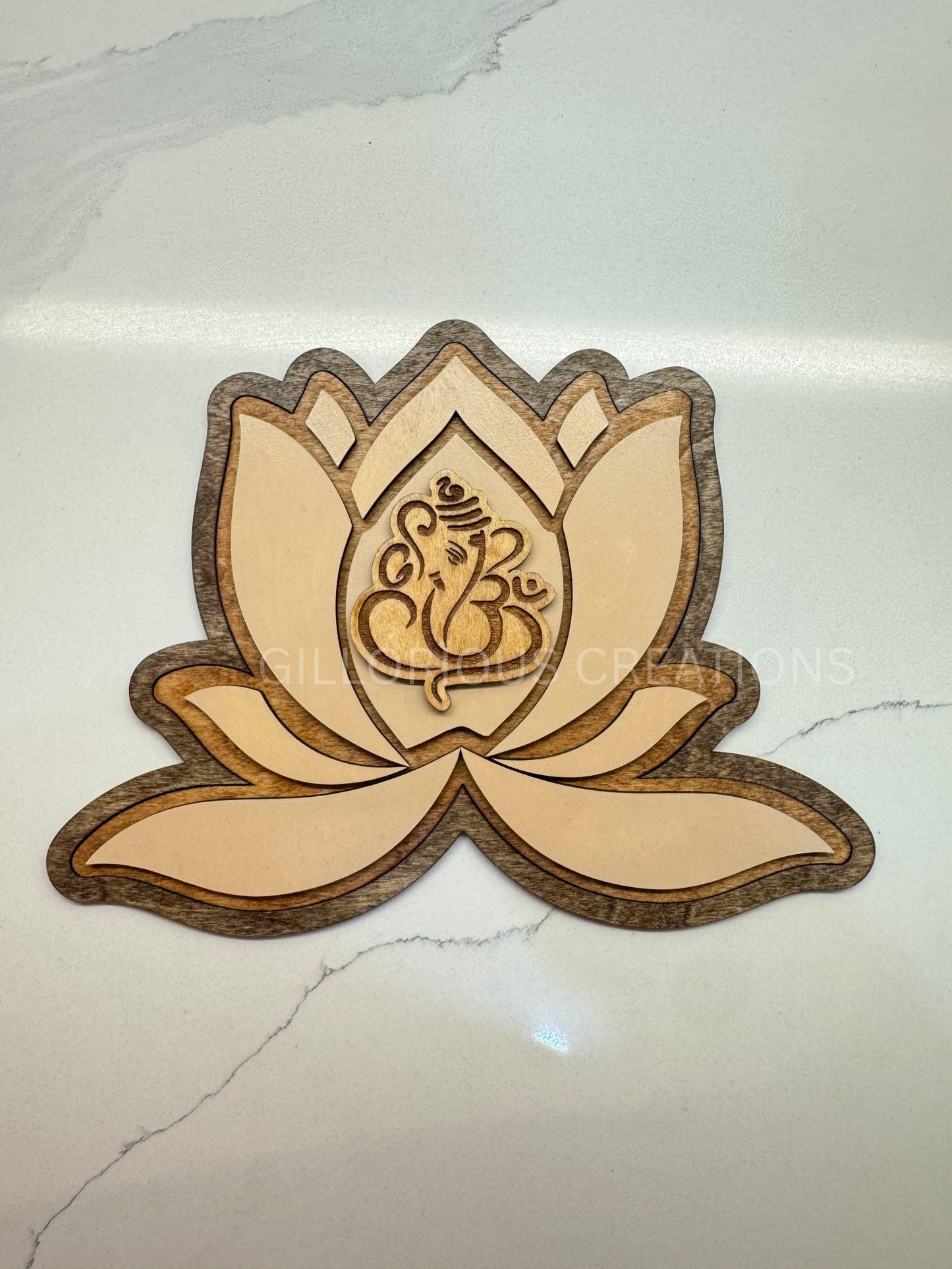 Layered Lotus with Lord Ganesha Engraving – Handcrafted Wooden Wall Hanging