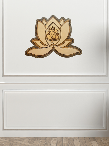 Layered Lotus with Lord Ganesha Engraving – Handcrafted Wooden Wall Hanging