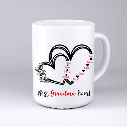 Personalized Heart Best "Mom" Ever or Best "Grandma" Ever Mug with Kids’ Names