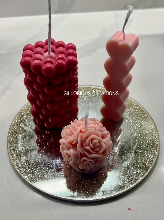 Pink Trio – Set of 3 Girly Decorative Candles (Heart, Rose & Bubble)